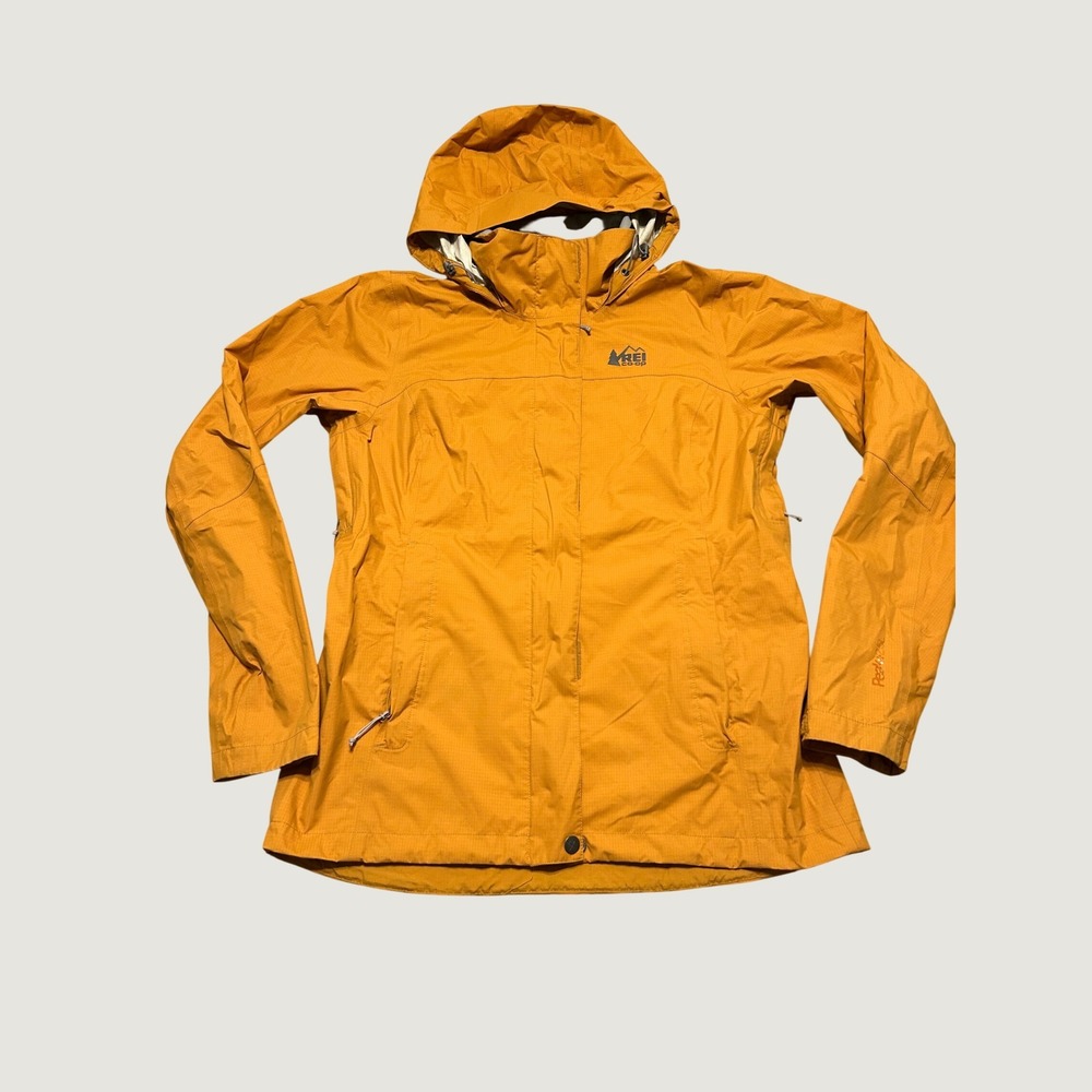 REI Co-op Peak 2.5L Rain Jacket Womens Small Mustard Yellow Ripstop Hooded Shell